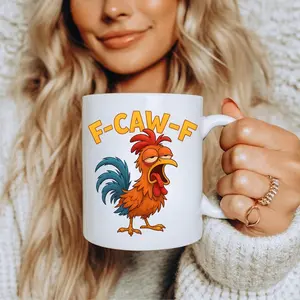 Morning Humor Mug Gift for Coffee Lovers, Funny Rooster F-CAW-F Cup, White or Accent Ceramic Mug for Friends, Coworkers and Families