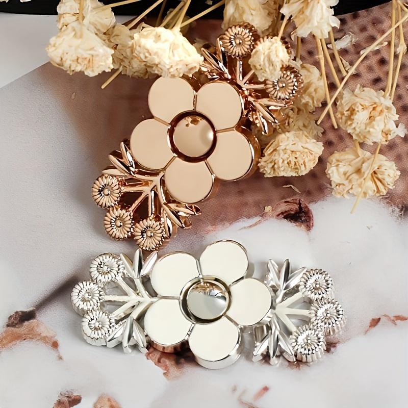 4-Pack Golden Floral Adjustable Waistband Tightener, Snap-On Jeans Button Pins, Metal Waist Reducer, No Sew Instant Fit Denim Flower Clasp