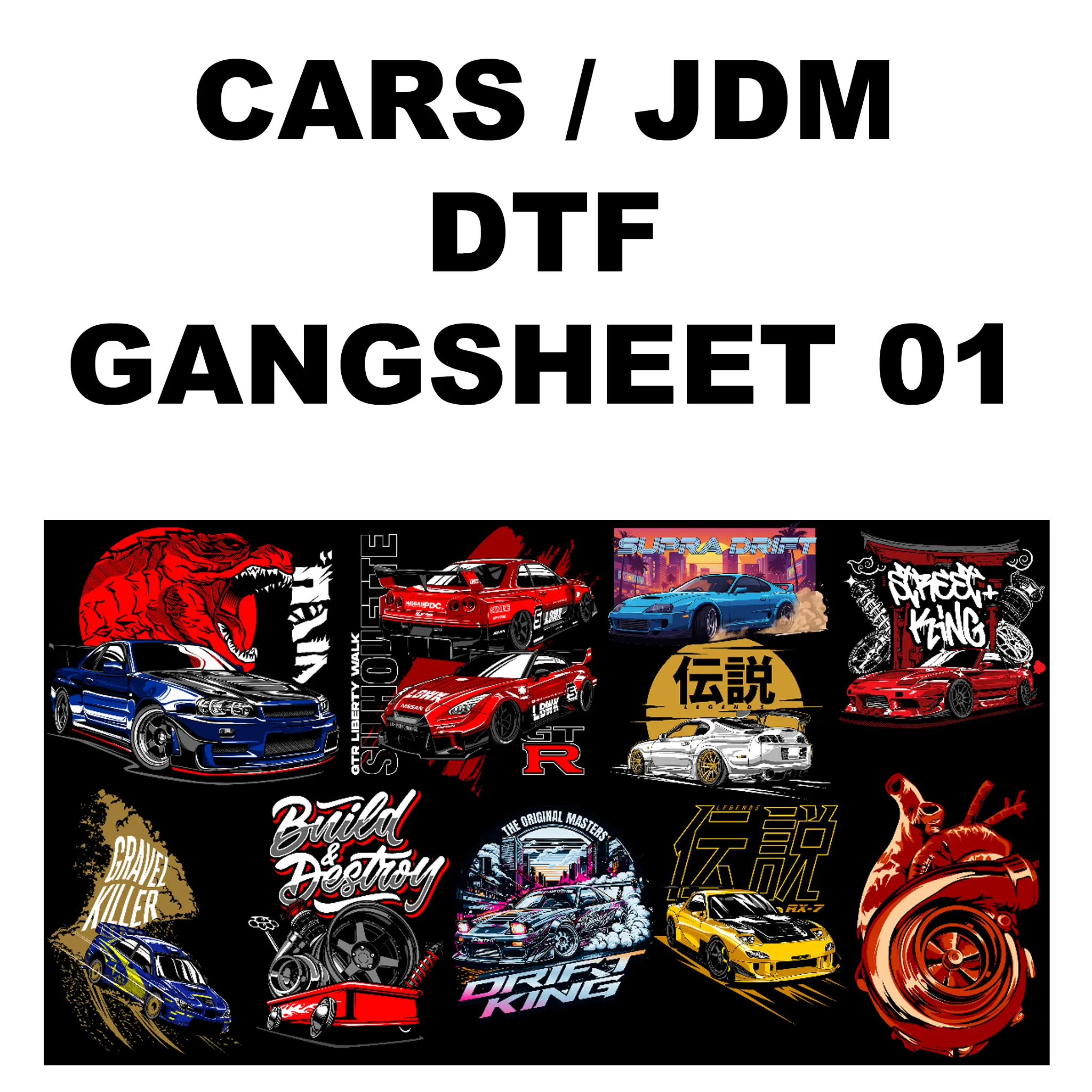Cars JDM DTF Transfers Gang Sheet - Ready to Press Designs (10 Designs Bundle)