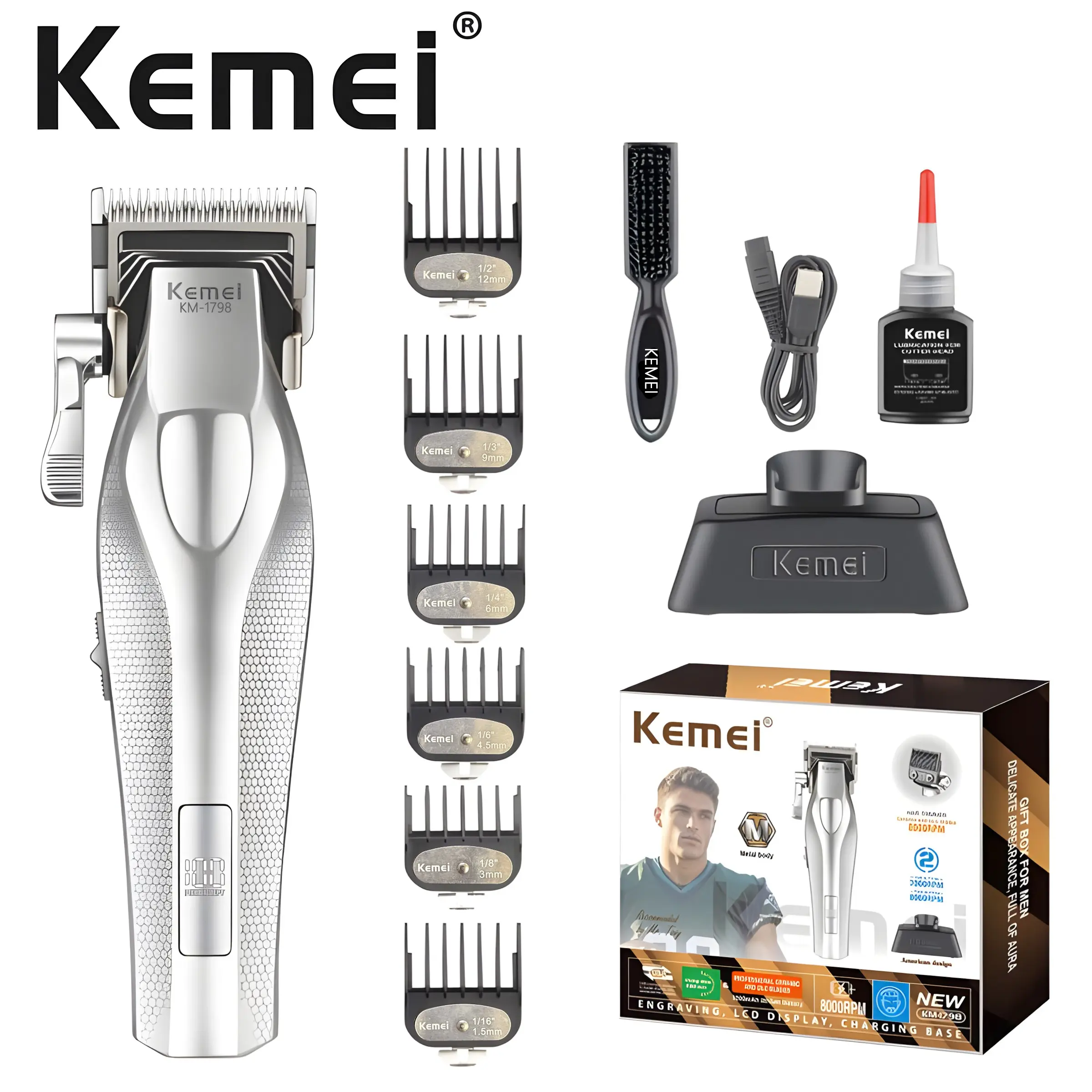 Km New Metal Silver Color Electric Hair Trimmer Set, Km-1798 Main Push + Km-3023-702 Carving Hair Trimmer, Wireless Fast Charging, Metallic