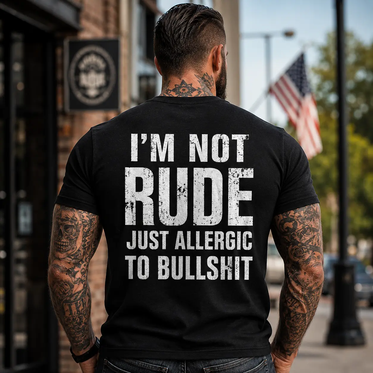 Men's Graphic T-Shirt with "Allergic To Bullshit" Print - Funny Cotton Streetwear Tee with Short Sleeves and a Round Neck, Apparel, Shortsleeve, Menswear, Casual, Soft, Graphic Print, Tops, Stylish