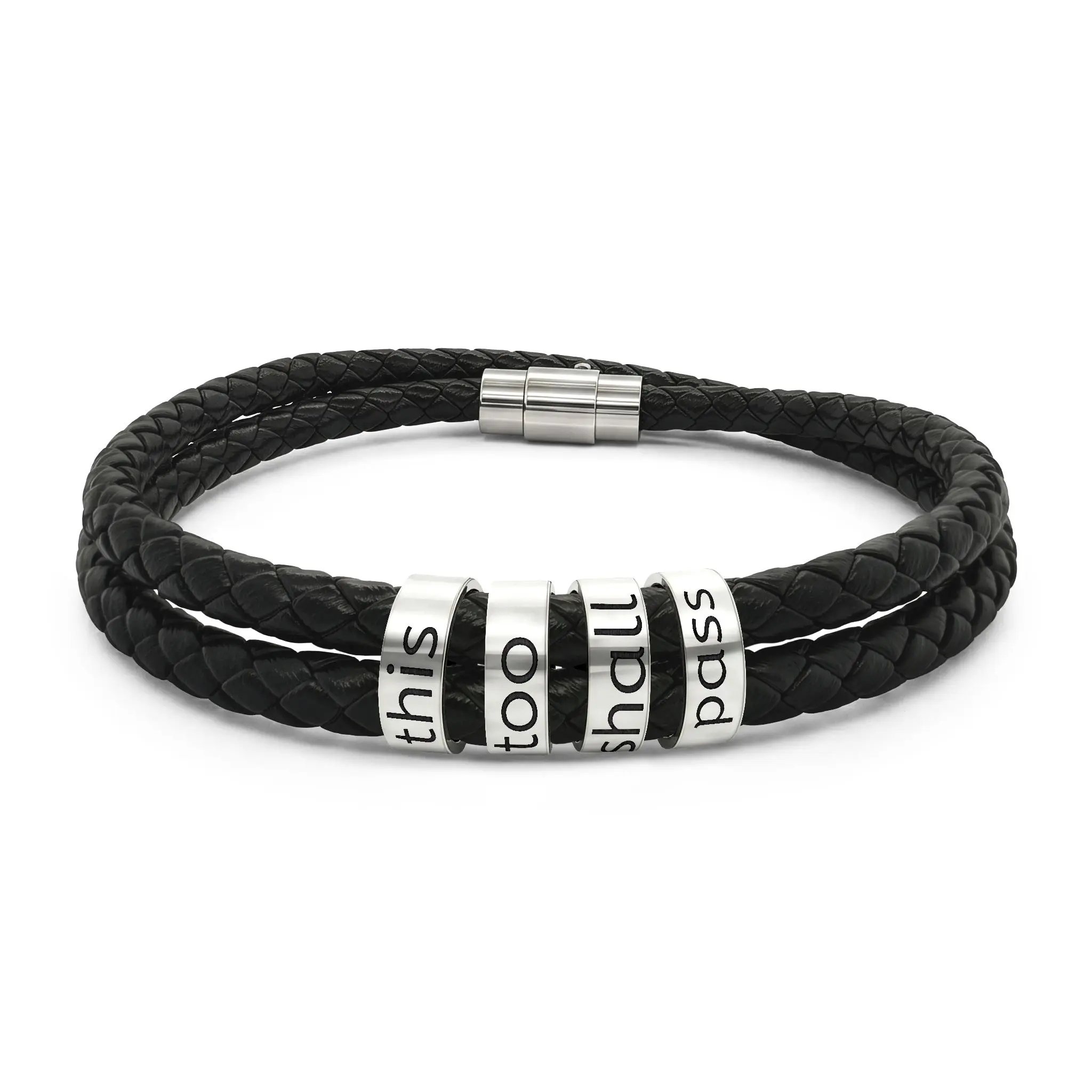 Engraved Letter Bead Leather Bracelet | Personalized Message, Braided Leather