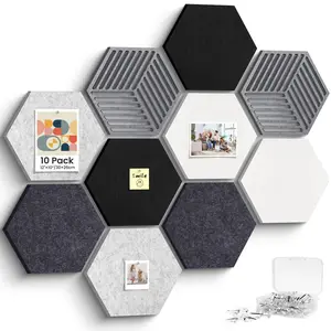 Hexagon Cork Bulletin Boards for Walls Decor, 10 Pack Felt Board Tiles with 25 Push Pins, Photo Display Board for Office & Home Classroom DIY Decor