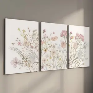 3Pcs Stretched Canvas Wildflower Wall Art, Hand-Wrapped Meadow Floral Prints, Wooden Inner Frame Botanical Decor, Gallery Wrapped Boho Flower Pictures for Nursery Living Room, 12x16in Ready to Hang