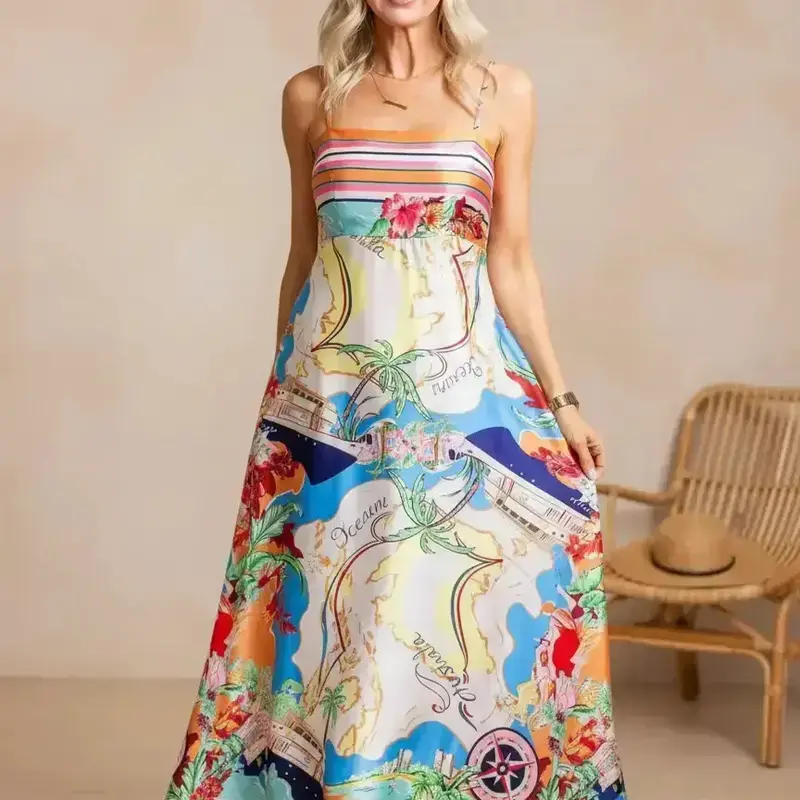 Women's All-Over Print Floral Cami Dress, Boho Aesthetic Bohemian Casual Sleeveless Spaghetti Strap Flared Beach Sundress for Beach Holidays and Vacations, Ladies Spring, Summer & Fall Dress, Womenswear