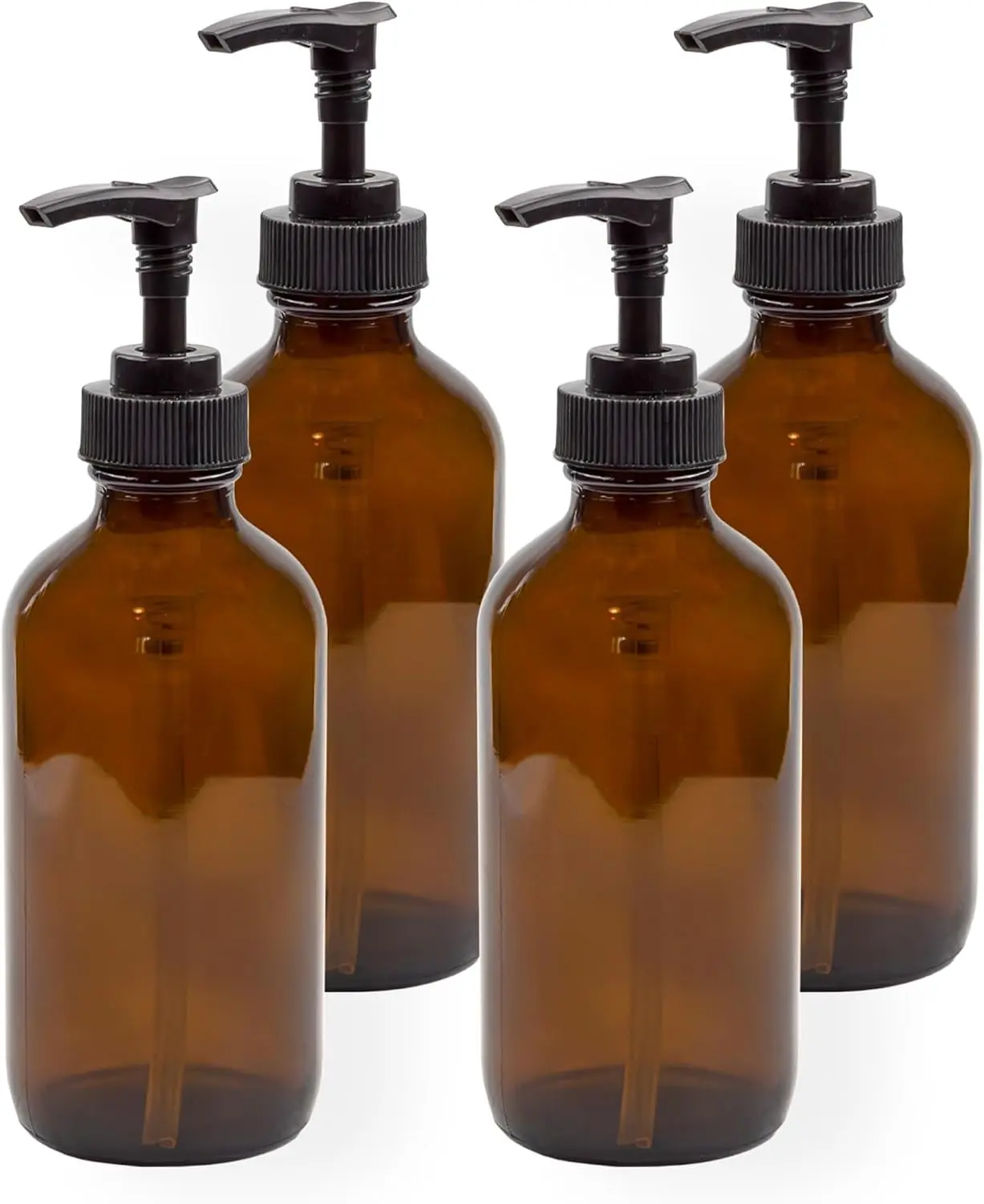 8oz Glass Pump Bottles (Pack of 4, Amber Brown) Lotion Soap Dispensers w/Black Plastic Pumps
