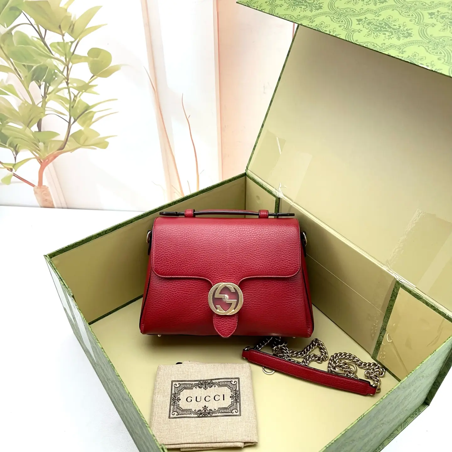 Pre-owned GUCCI Red Pebbled Leather GG Interlocking Flap Crossbody Bag 0714 qiqi22693605