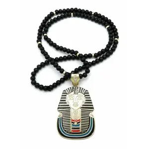 Hip Hop Egyptian Pharaoh King Tut Pendant & 8mm 36" Black Wooden Bling Necklace - Unisex High-Quality Alloy & Durable Wood Chain