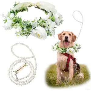 Dog Flower Collar, Dog Wedding Collar and Pearls Leash Set Adjustable Wreath Wedding Outfit Flower Collar Pet Photo Prop (Medium)