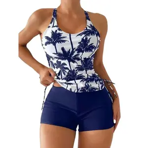 Women's Coconut Tree Print Tankini bikinis Set, Casual Sleeveless Tank Top Swim Top & Swim Shorts Swim Bottom,summer Tankini outfit With Shorts,Ladies Multicolor V-Neck floral Swimsuit for Beach Holiday Vacation,short bathing suit set