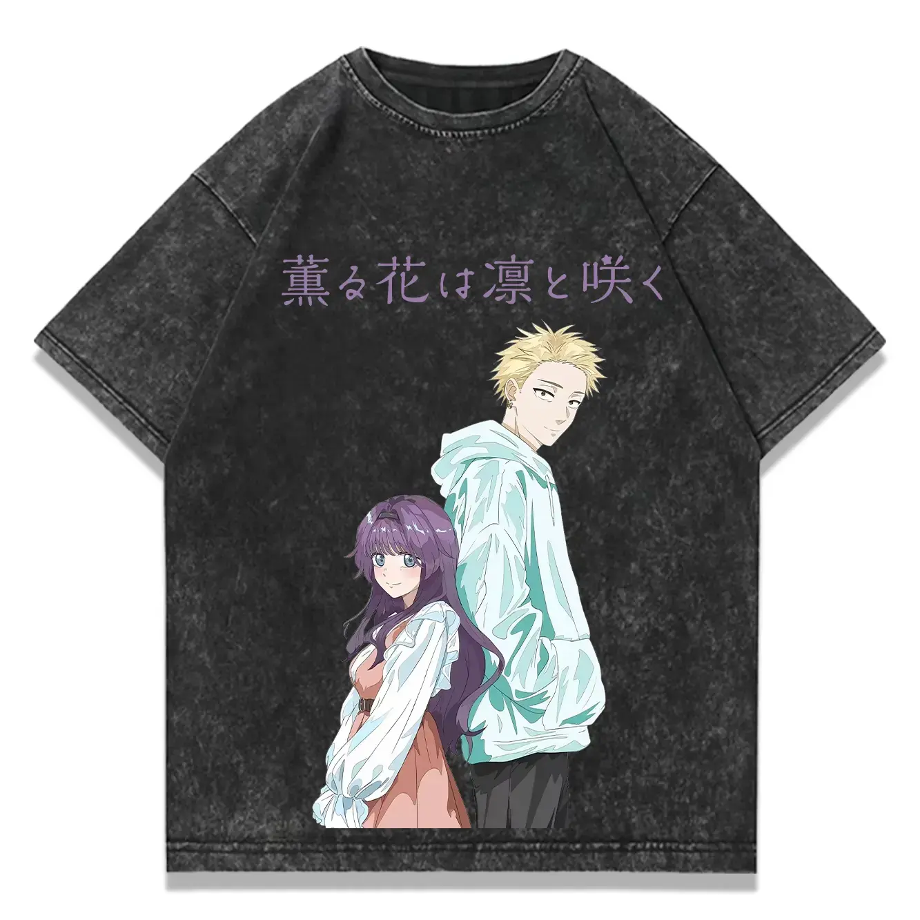 Vintage Washed The Fragrant Flower Blooms With Dignity Anime Couple Print T-Shirt Kaoru Hana wa Rin to Saku Graphic Oversized Casual Streetwear Tee For Romance Anime Fans Unisex Relaxed Fit Stylish Menswear