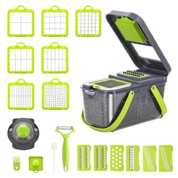 Vegetable Chopper with Container 22-in-1 Veggie Choppers and Dicers Food Chopper Cutter for Onion Tomato Multi Kitchen Tool with Lemon Squeezer -13 Blades Utensils