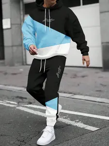 Men's Colorblock Hoodie and Sweatpants Set, Casual Long Sleeve Fitted Design, Fall & Winter Street Style, Casual Outfit Set