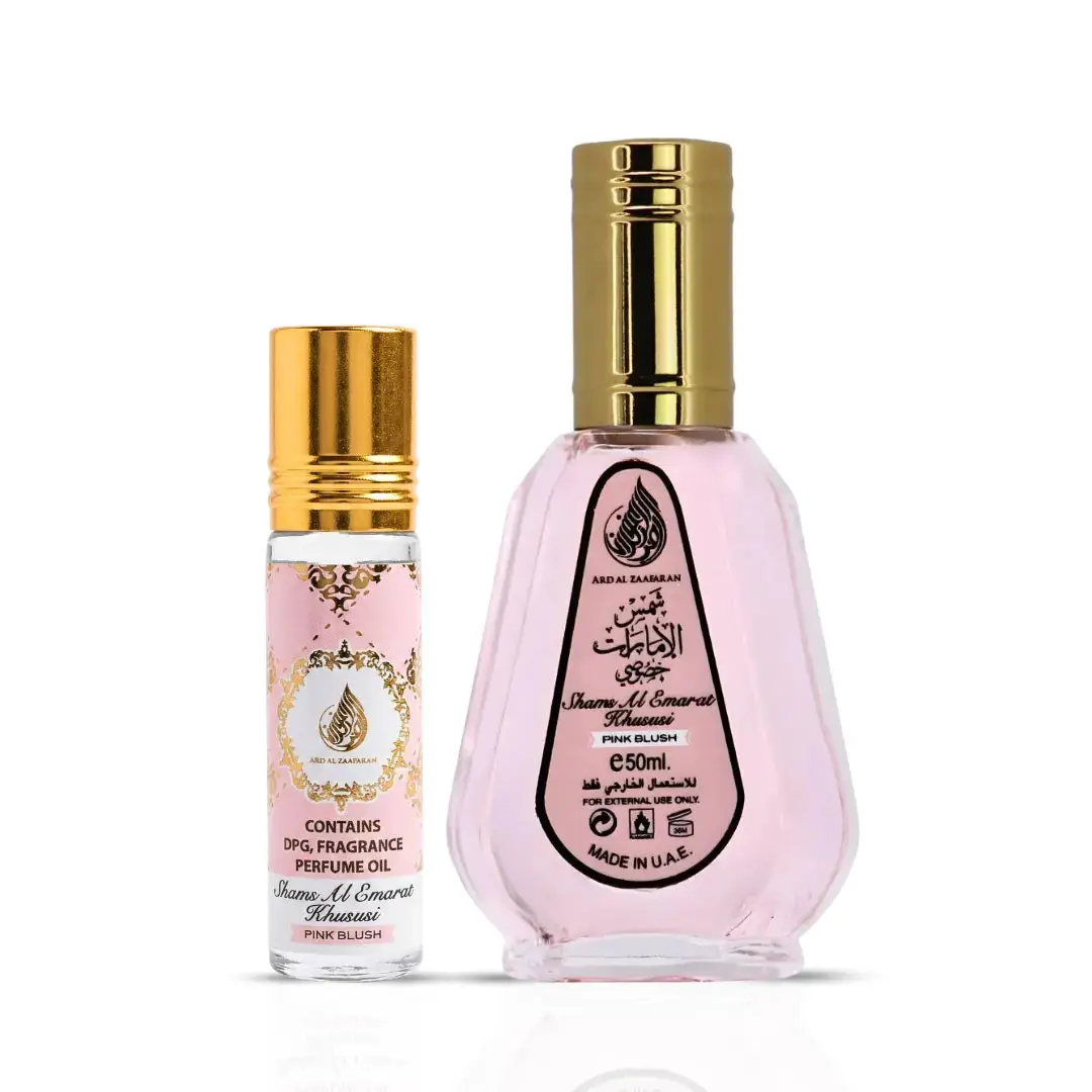Pink Blush Shams Al Emarat Khususi Roll-On Perfume Oil 10ml (0.34 oz) & Eau de Parfum Spray 50ml (1.7 oz) by Ard Al Zaafaran (Bundle) Pink Blush Shams Al Emarat Khususi Roll-On Perfume Oil 10ml (0.34 oz) & Eau de Parfum Spray 50ml (1.7 oz) by Ard Al Zaafaran (Bundle)