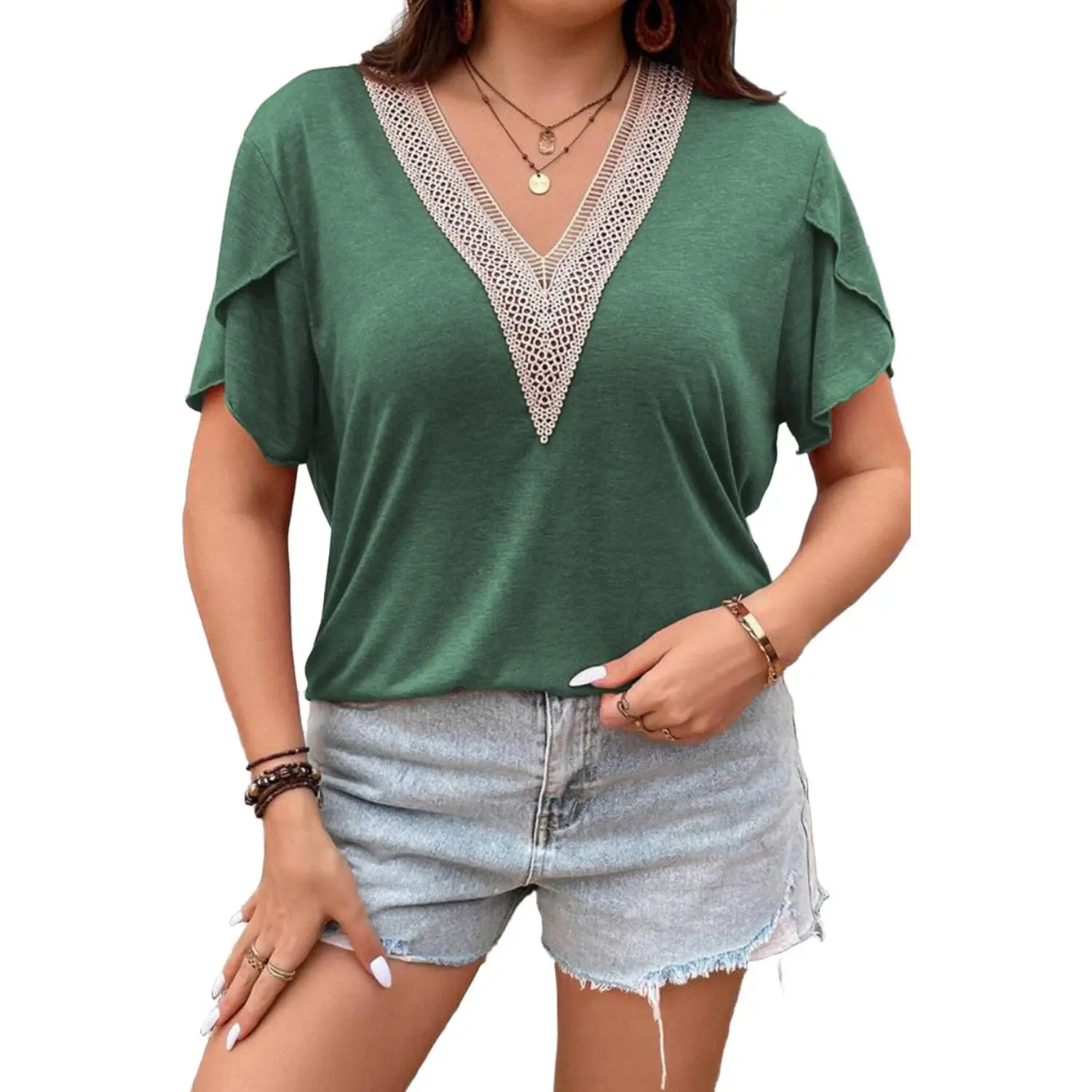 Blackish Green Plus Size Contrast V Neck Draped Sleeve Blouse