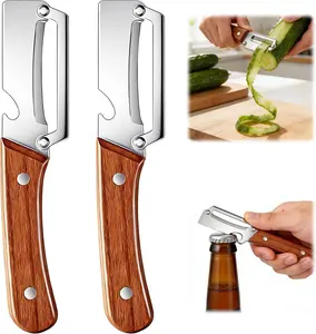 Multi-Functional Vegetable Peeler for Kitchen,Stainless Steel Sharp Blade Peeler with Wooden Handle,Bottle Opener Kitchen Tool for Fruit Veggie Carrot Potato Pumpkin Papaya Zucchini