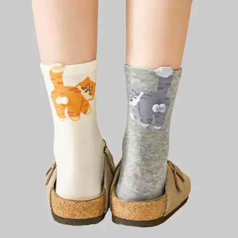 Women's 2-Count Mid-Calf Socks, Cute Novelty Animal Print 3D Pattern Round-Toe All Season Soft Casual Everyday Wear Socks, All Season Socks, Cute Novelty Socks