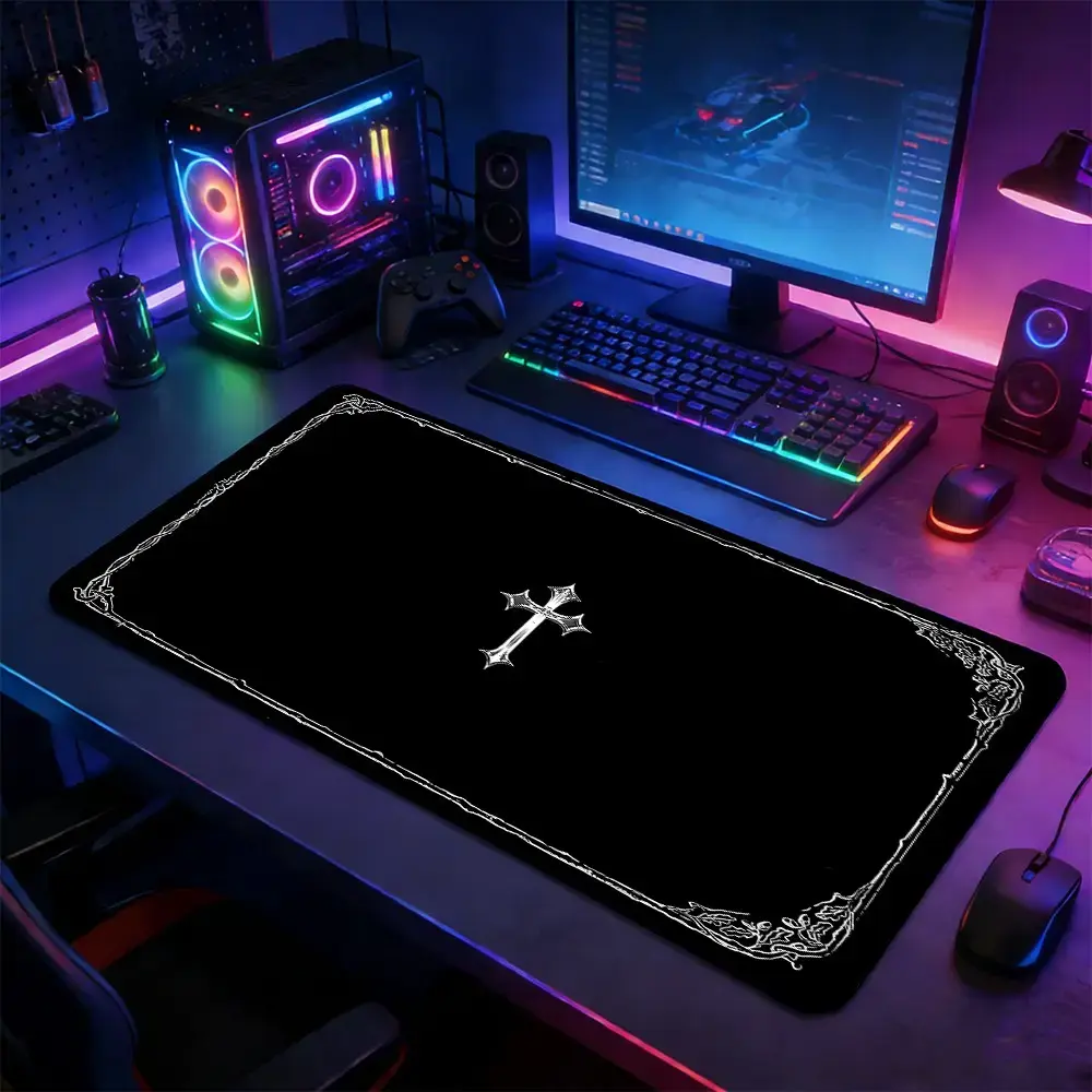 Cross Theme Large Extended Gaming Mouse Pad, Non-Slip Rubber Base Stitched Lock Edge, Intricate Frame Art Desk Mat, Durable PC & Laptop Accessory for Home/Office, Great Gift for Alt Aesthetic Fans, Computer Mouse Pad, Mousepad