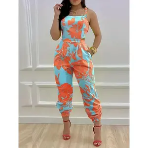 Floral Print Joggers Jumpsuit, Resort Wear Tie Back Sleeveless Jumpsuit For Spring & Summer, Women's Clothing