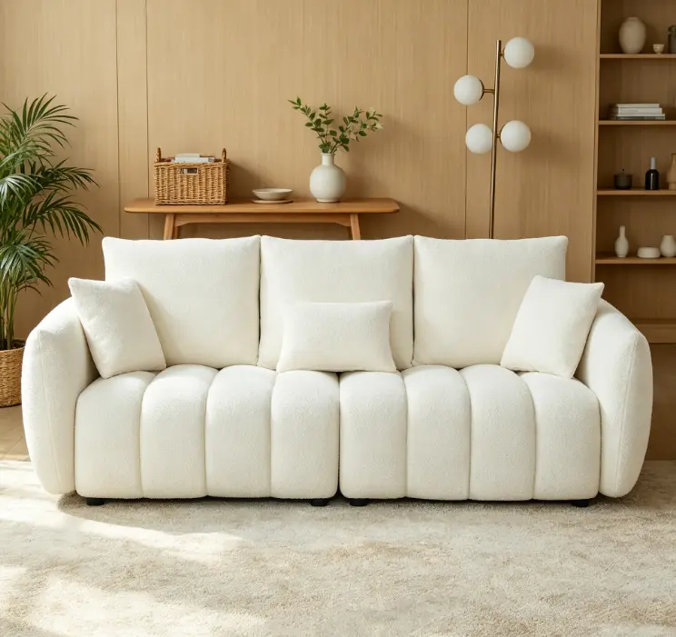 3-Seater Premium Teddy Fabric Sofa, 79.5" Oversized Upholstered Sofa with Solid Wood Frame, 3 Back Pillows, for Living Room, Bedroom