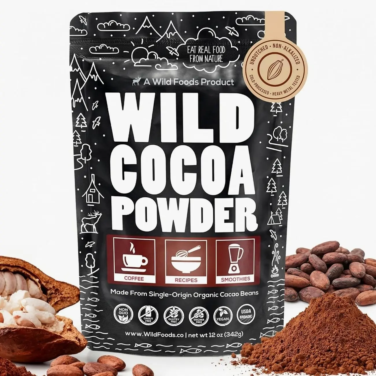 Wild Foods Organic Cocoa Powder | Single Origin Unsweetened Keto Chocolate Powder for Cooking & Baking | 100% Natural Cacao Beans | Sugar Free Non Dutch Raw Superfood | 12 oz