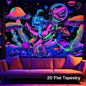 2D Flat, Blacklight Dinosaur Tapestry, Hallowen Tapestry, UV Reactive Space Astronaut Tapestry, Mushroom Tapestry, Neon for galaxy Planet Tapestry, Stars Wall Hanging for Bedroom, Wall Hanging Decor, Live Streaming Background, Gift Idea