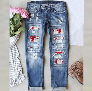 2025 New Winter Christmas Santa Claus Printed Denim Pants with Tear-Off Thickened Straight Long Jeans Blue Festive