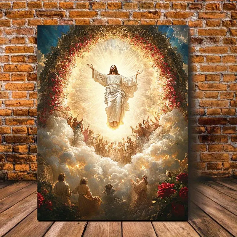1-Piece Pine Wood Framed Holy Ascension Angels & Clouds Multicolor Print Poster, 30x40cm-11.8x15.7 inches, Ready-to-Hang Religious Inspirational Cloth Art, Indoor Home Decor for Bedroom Living Room, Gift Ornament