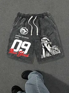 Men’s summer letter-print washed cotton athletic shorts—casual, loose fit with a drawstring waist and pockets; emo/Y2K style. Suitable for running, golf, fishing, basketball, camping, gym workouts, swimming, and the beach.