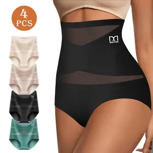 QUASTI 4-Pack High-Waisted Cotton Crossover Shaping Tummy Control Panties for Women, Silk Crotch, Soft and Breathable, Shaping and Firming for Hip Lifting, Basic Comfortable Shaping Panties Womenswear, Sizes S-XXL