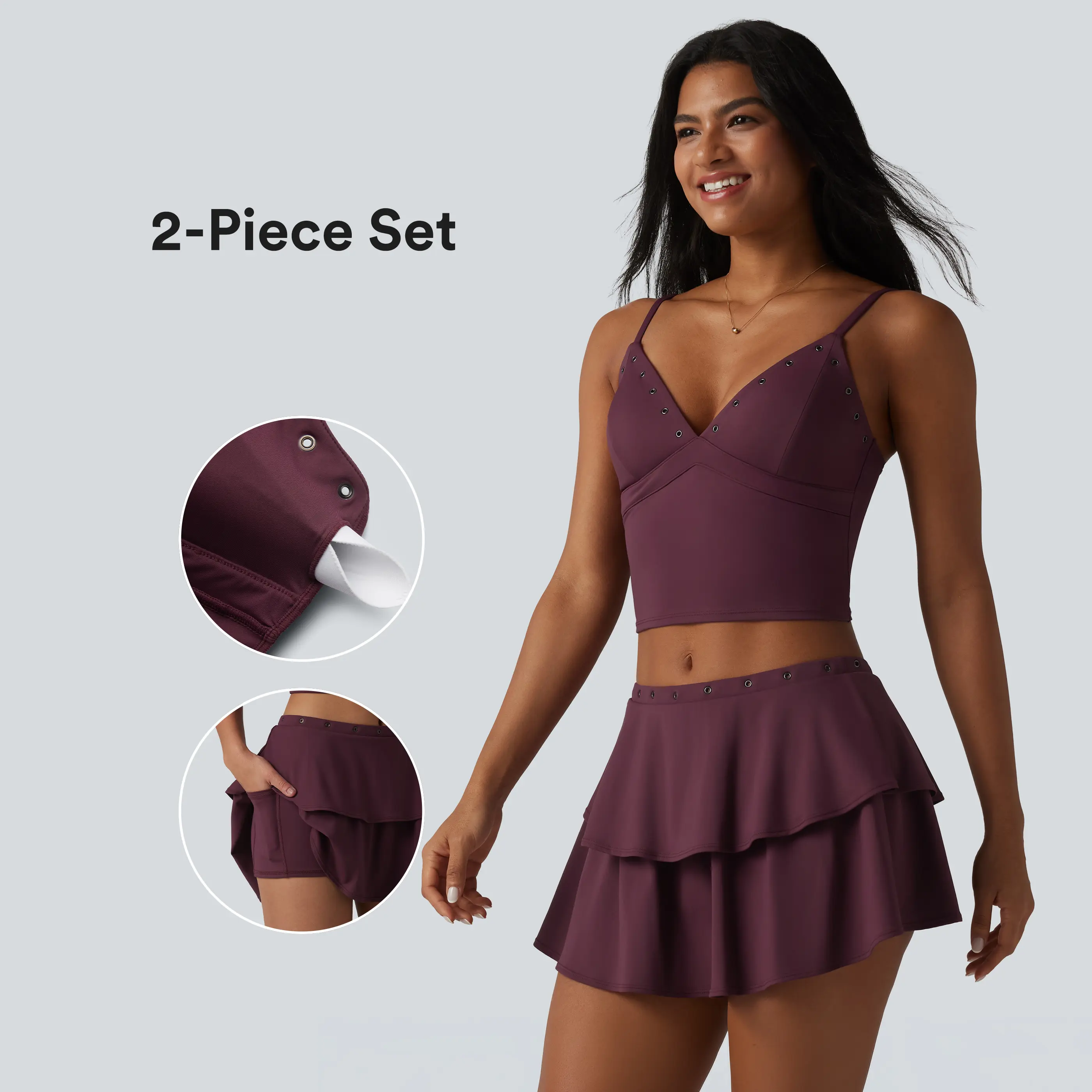 【Creator’s Pick】Halara 2-Piece Set SoftlyZero Airy Adjustable Straps Eyelet Built-in Bra Cropped InstantCool Casual Tank Top & Mid Rise Eyelet 2-in-1 Mini Casual Tiered Skirt with Pocket