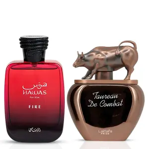 Hawas Fire for Men by Rasasi & Taureau De Combat by Lattafa Pride - Eau de Parfum Sprays 100ml (Bundle)
