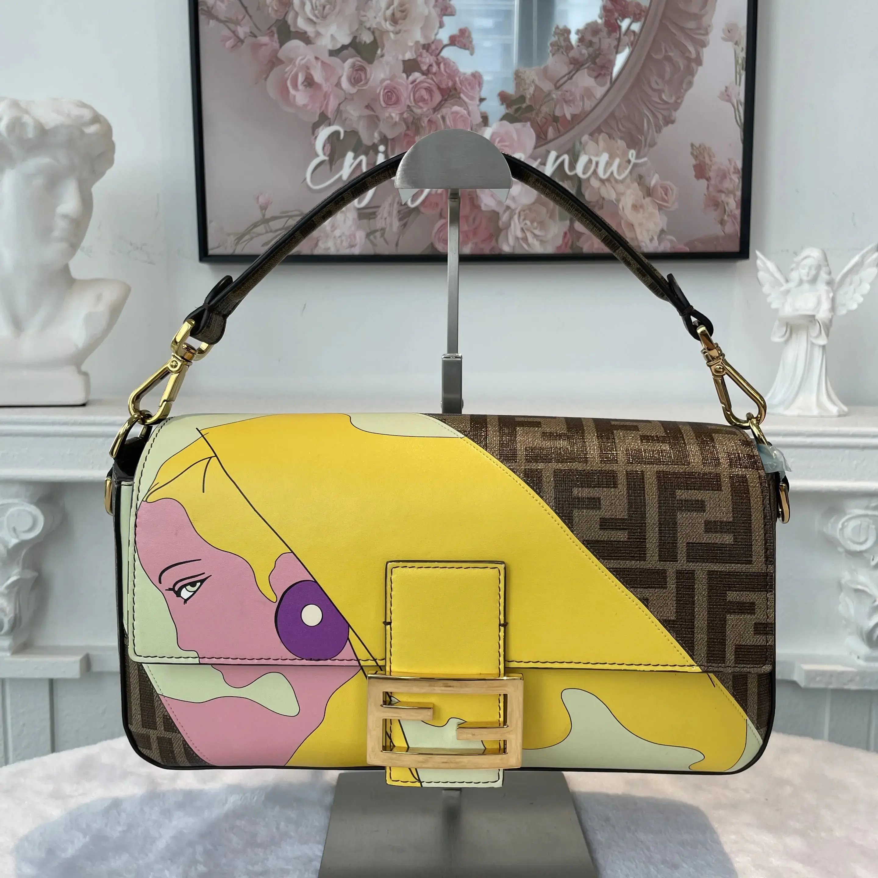 Pre-owned FENDI Leather Shoulder Bags BJ1102204095 x Antonio Lopez Baguette Medium Limited Edition