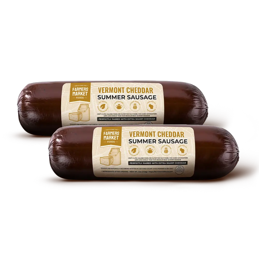 Farmers Market Foods Vermont Cheddar Summer Sausage 2 Pack – Wisconsin Made Smoked Beef Sausage with Cheddar Cheese Flavor, No Added Nitrates or Nitrites, Gluten Free, High Protein, Low Carb, Shelf Stable Snack, 12oz