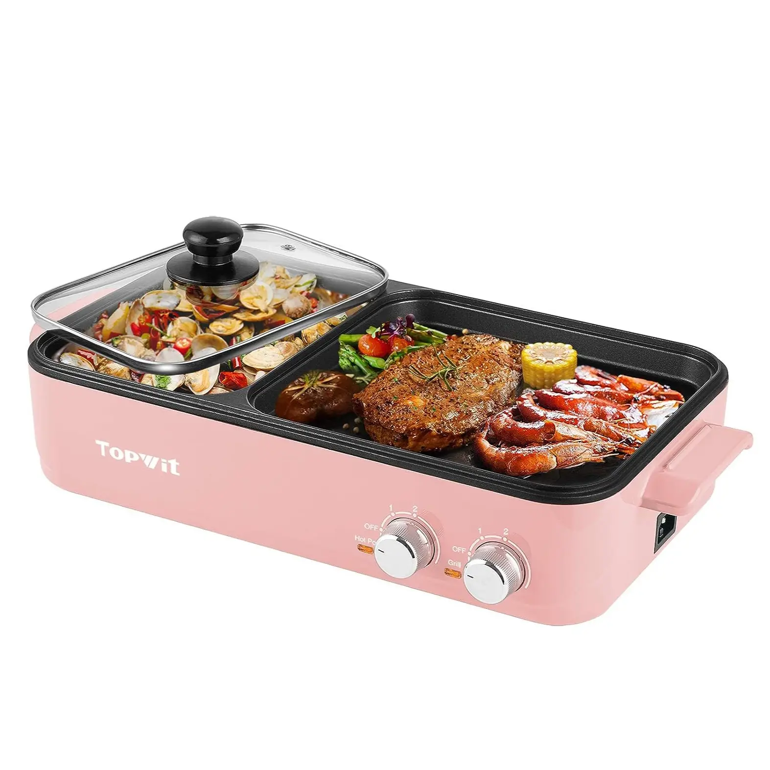 Topwit Hot Pot Electric with Grill, 2 in 1 Indoor Non-stick for Steaks, Shabu Shabu, Noodles, Simmer and Fry, Korean BBQ Grill, Independent Dual Tempe