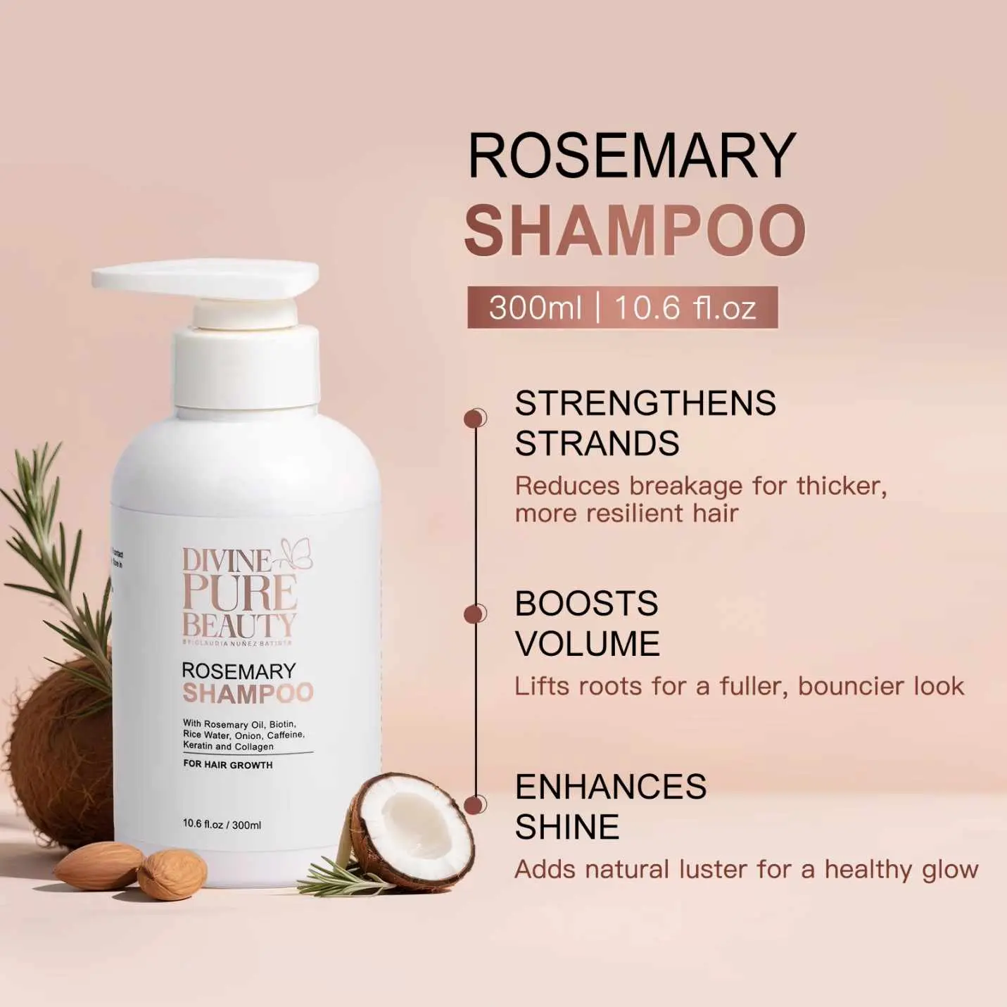 Natural Beauty Strengthening Shampoo (300ml) - Divine Pure Rosemary Cleanser with Argan Oil, Aloe Vera, Onion Bulb Extract, Anti-Hair Loss, Cleansing, Strengthens Strands, Boosts Volume, Enhances Shine, Smooth for All Hair Types | Haircare Product