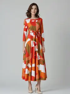 Women's Round Neck Geometric Print 3/4 Sleeve Self-Tie Waist Retro Color Block Flared Midi Dress - Elegant, Fit, Statement, Plus Size, Comfortable, Formal for 2025 Spring Summer Casual Wear, Party Wear
