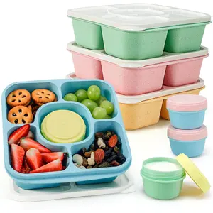 Caperci Original Lunchable Snack Containers for Kids & Adults, 5-Compartment Bento Box with 4 Leakproof Containers, Wheat Straw, BPA-Free, Set of 4, Vintage Colors