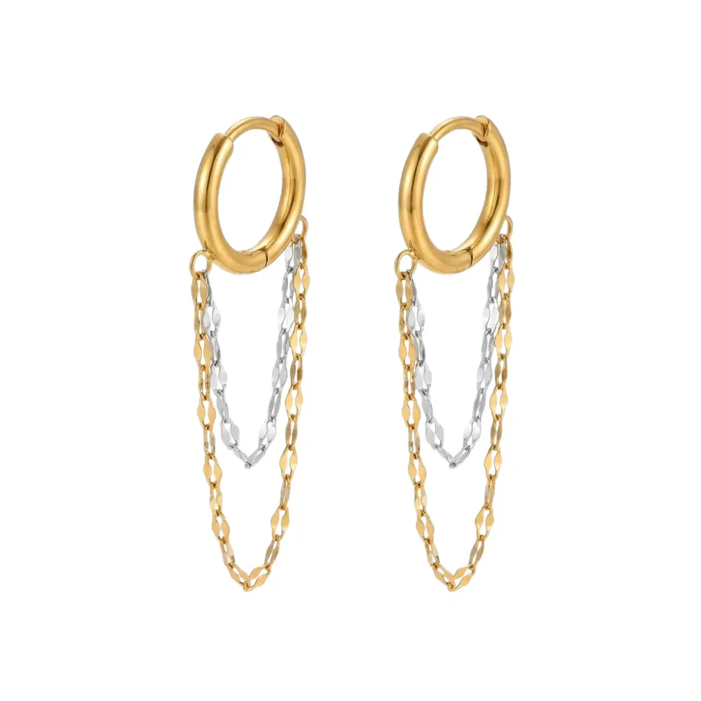 Double Layer Chain Huggie Hoop Earrings - Pair - 18K Gold Plated 304 Stainless Steel