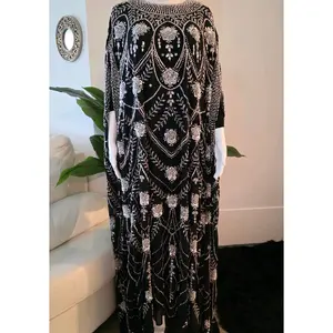 Elegant Black Maxi Dress with Silver Beaded Embellishments and Long Sleeves for Special Occasions