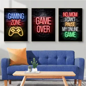 3pcs, Neon Game Zone Canvas Print Poster Black and Red Game Quote Wall Painting for Boys Men Bedroom Living Room Decor, Unframed