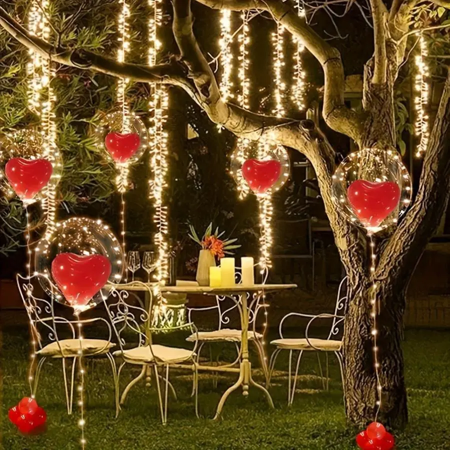 Large LED Glowing Bobo Heart Balloons Set 5pcs Balloons 5pcs 3M Yellow LED Lights 20pcs Red Hearts for Birthday Weddings Decorations