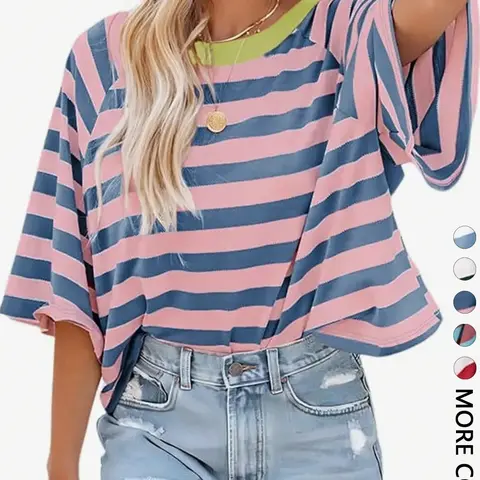 1 Piece Casual Minimalist Striped Pattern Round Neck Short Sleeve Loose Women's T-Shirt, Suitable For Summer, Oversized T Shirt, Casual Striped Top