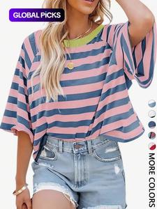 1 Piece Casual Minimalist Striped Pattern Round Neck Short Sleeve Loose Women's T-Shirt, Suitable For Summer, Oversized T Shirt