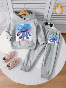 Girls Long Sleeve Fleece Hoodie Set, Blue Stitch Cartoon Print, Casual Jogger Pants, Fall & Winter, Cute and Playful Style