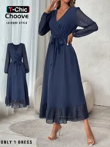 Women's Fashion Long Sleeve Dress, Cross V-Neck Design, Lantern Sleeves, Waist Belt Included, Elegant Casual Chic Style Wear, Womenswear