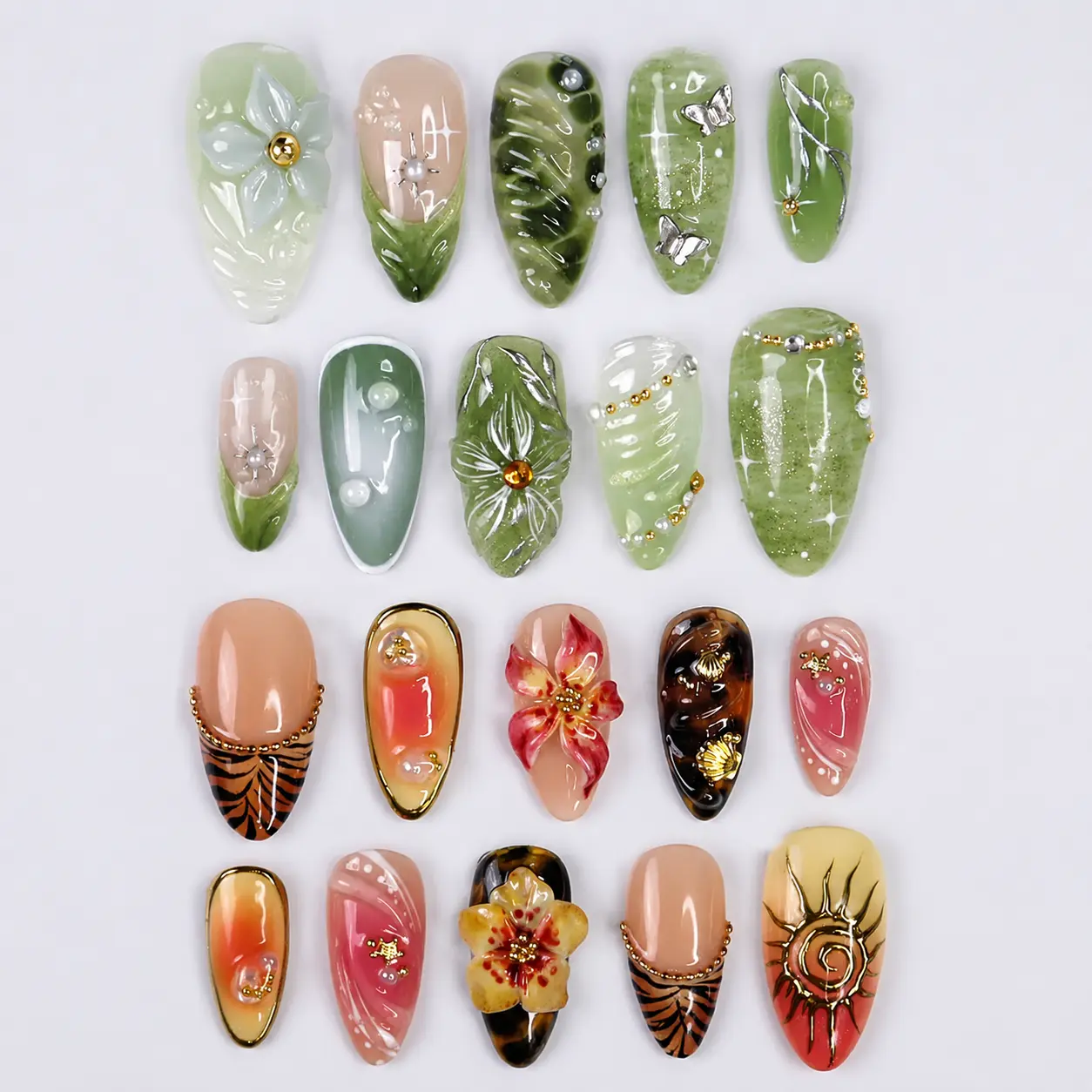 Handmade Press-On Nails with Unique 3D Flowers & Stone Texture Mix, Premium Designer Fake Nails