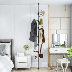 Ptah Adjustable Coat Rack 65" to 116" with 6 Hooks, Freestanding Tension Rod Coat Hanger Floor to Ceiling, Heavy Duty Clothes Rack for Entryway, Living Room, Bedroom, Hanging Clothes, Hats, Bags