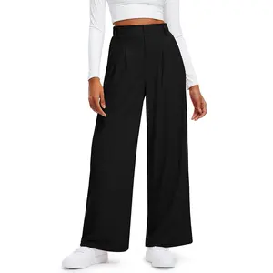 Libin Women's Wide Leg Pants with Pockets 29" High Waisted Waffle Knit Casual Slacks Work Pants Business Palazzo Trousers