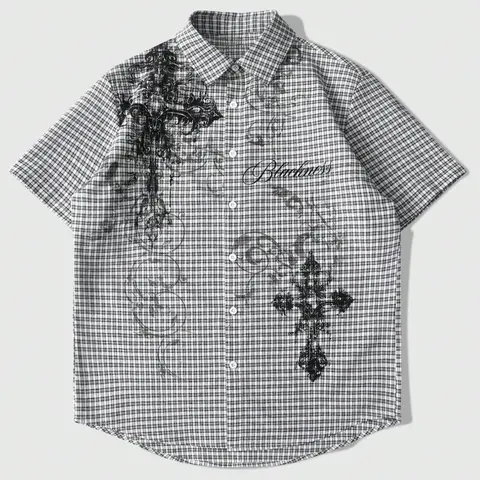 Men's Fashionable Comfortable Streetwear, Summer Plaid Cross Print Short Sleeve Button Front Casual Shirt for Daily Wear, Stylish Menswear